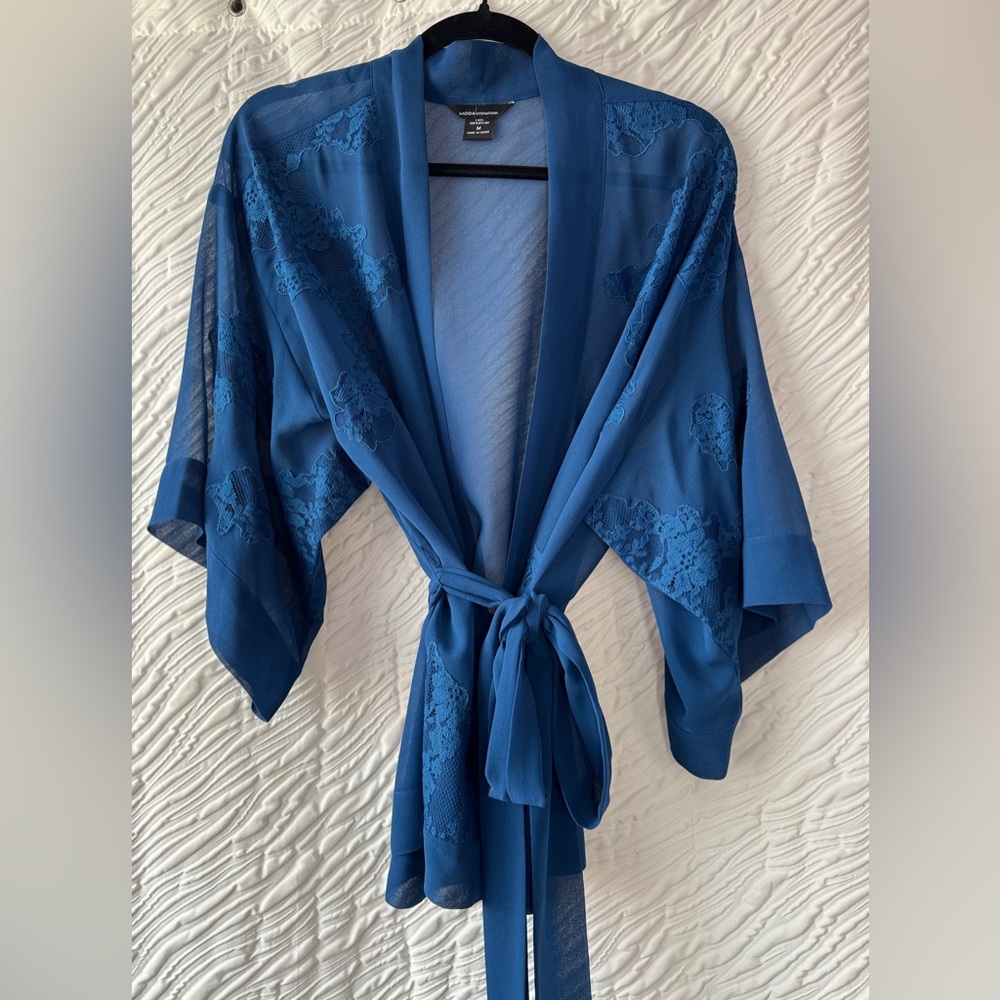 Moda International Blue Plush Robe with Tie Belt